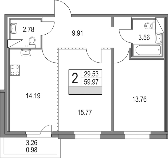 2-комнатная квартира 59.97 м², 3/16 эт., ЖК «Приморский квартал»